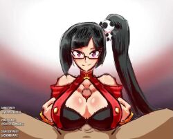 1boy 1girl animated arc_system_works artist_name bare_shoulders black-framed_eyewear black_bra black_hair black_sleeves blazblue bra breasts censored center_opening chiyo1000nights closed_mouth clothing_cutout collarbone cumskeleton detached_sleeves dress glasses grabbing_own_breast gradient_background hetero large_breasts litchi_faye_ling long_hair looking_at_viewer looping_animation mosaic_censoring opennsfwsp paizuri penis ponytail pov pov_crotch purple_background purple_eyes red_dress semi-rimless_eyewear short_sleeves shoulder_cutout side_ponytail simple_background smile solo_focus sound tagme third-party_edit two-tone_background under-rim_eyewear underwear upper_body video vkid watermark white_background