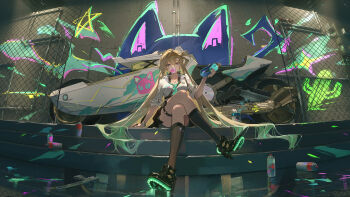 1girl absurdres aqua_necktie black_shoes black_skirt black_socks blonde_hair blowing_bubble_gum breasts can chewing_gum chinese_commentary colored_tips commentary_request crossed_legs graffiti hair_ornament headphones headphones_around_neck highres holding holding_can long_hair looking_at_viewer lynae_(wuthering_waves) medium_breasts motor_vehicle motorcycle multicolored_hair necktie purple_eyes reflective_floor shirt shoes sitting skirt skull_hair_ornament socks solo spray_can toto_(caaaaarrot) very_long_hair white_shirt wide_shot wuthering_waves