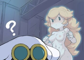 1boy 1girl ? aura blonde_hair blush breasts clenched_hands completely_nude embarrassed goggles goggles_on_headwear highres indoors invisible long_hair mario_(series) medium_breasts navel nintendo nipples no_nose nose_blush nude oyatsu_(mk2) paper_mario paper_mario:_the_thousand-year_door paper_peach princess_peach solid_oval_eyes sweat wide_hips x-naut