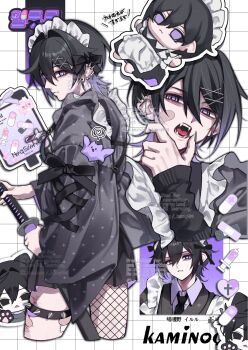 1boy artist_name black_hair black_pantyhose black_shirt closed_mouth commentary_request cropped_legs cross-laced_clothes cross-laced_sleeves double-parted_bangs fangs fishnet_pantyhose fishnets hair_between_eyes hair_ornament highres holding holding_sword holding_weapon kaminoq long_sleeves maid_headdress male_focus multiple_views open_mouth original pantyhose purple_eyes shirt short_hair single_leg_pantyhose spiked_thigh_strap sword weapon white_background x_hair_ornament