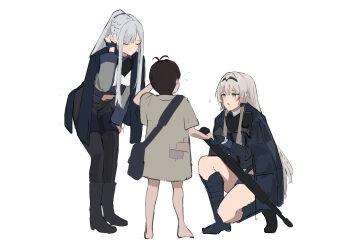 1boy 2girls ak-12_(girls'_frontline) an-94 an-94_(girls'_frontline) assault_rifle blue_eyes boots brown_hair closed_eyes crying girls'_frontline grey_hair gun hanabusaraleigh highres holding_hands kneeling long_hair looking_at_another looking_down multiple_girls patchwork_clothes rifle short_hair smile tactical_clothes weapon