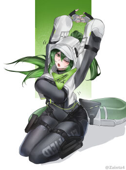 1girl absurdres arknights arknights:_endfield black_gloves bodysuit breasts covered_navel fingerless_gloves fluorite_(arknights) gloves green_eyes green_hair grey_bodysuit hair_between_eyes highres hood hoodie jacket looking_at_viewer medium_breasts one_eye_closed open_mouth ponytail seiza sitting solo stretching thighs white_background white_hoodie white_jacket zaint_(zaintz4)