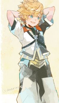 1boy aozrnst arms_behind_head arms_up blonde_hair blue_eyes dot_nose feet_out_of_frame kingdom_hearts kingdom_hearts_ii layered_clothes looking_to_the_side male_focus open_mouth pants roxas short_hair short_sleeves sideways_glance smile solo standing twitter_username