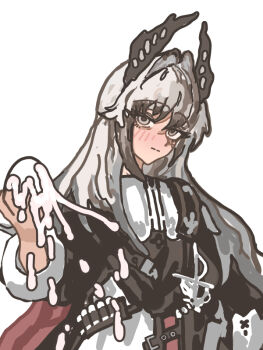 1girl ammunition_belt arknights blush commentary_request egg grey_eyes grey_hair hair_intakes head_wings irene_(arknights) long_hair looking_at_viewer pussy_juice rapier scar scar_across_eye scar_on_face sheath sheathed simple_background solo sword thiccborb weapon white_background wings