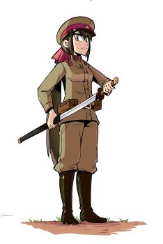 Rule 34 | 1girl, absurdres, brown eyes, brown hair, closed mouth, commentary request, dayue, full body, hat, highres, holding, holding sheath, holding sword, holding weapon, imperial japanese army, katana, long hair, long sleeves, looking at viewer, military, military uniform, original, peaked cap, ponytail, sheath, simple background, solo, standing, sword, unsheathing, very long hair, weapon, white background