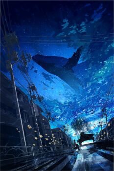 1girl black_dress black_hair blue_sky blue_theme building caustics chooco_(chocoshi) city cityscape cloud clownfish dress fish floating floating_object flying_whale from_side grand_piano humpback_whale instrument jellyfish music original outdoors piano playing_instrument playing_piano power_lines rain reflection road scenery short_hair sitting sky sleeveless sleeveless_dress street transformer twilight utility_pole whale