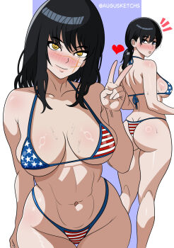 2girls american_flag american_flag_bikini american_flag_print augusketchs bikini black_hair breasts chainsaw_man cleavage cross_scar dual_persona facial_scar flag_print flag_print_bikini gloves highres large_breasts long_hair looking_at_viewer low_twintails mitaka_asa multiple_girls navel print_bikini print_swimsuit ringed_eyes scar scar_on_cheek scar_on_face scar_on_nose simple_background star_(symbol) star_print swimsuit twintails twitter_username yellow_eyes yoru_(chainsaw_man)