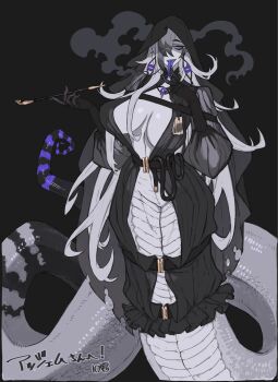 10den 1girl belt black_belt black_dress black_hair breasts cleavage commentary_request dress forked_tongue grey_hair hair_over_one_eye highres holding holding_smoking_pipe hood huge_breasts lamia long_hair looking_at_viewer monster_girl multicolored_hair open_clothes original purple_eyes sharp_teeth smoking_pipe snake_tail solo tail teeth tongue tongue_out