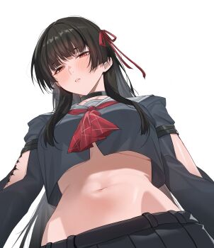 1girl absurdres arm_cutout black_hair black_skirt blush breasts chisa_(wuthering_waves) clothing_cutout commentary crop_top english_commentary from_below hair_ribbon highres long_hair looking_at_viewer looking_down medium_breasts navel neckerchief parted_lips red_eyes red_neckerchief red_ribbon ribbon sailor_collar simple_background skirt solo stomach tacet_mark_(wuthering_waves) twentytwo_(twenty_zwei) white_background white_sailor_collar wuthering_waves
