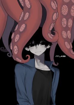 1boy black_background black_eyes blue_jacket chainsaw_man collarbone commentary ear_piercing highres jacket light_smile male_focus octopus pale_skin piercing sateoadang090 solo suction_tentacles symbol-only_commentary yoshida_hirofumi