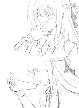 2girls barefoot braid collared_shirt commentary finger_in_another&#039;s_mouth greyscale half_up_braid hashtag-only_commentary highres long_hair long_sleeves mim120809 miyagi_shiori monochrome multiple_girls sendai_hazuki shirt shuuniichido_classmate_wo_kau_hanashi sidelocks simple_background white_background yuri