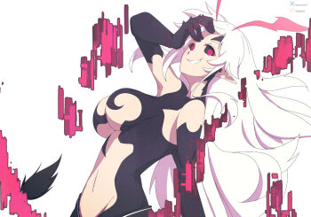 aura bare_shoulders black_sclera body_markings bodypaint breasts colored_sclera corruption dark_aura dark_persona demon_girl disgaea disgaea_rpg evil_smile facial_mark gojulas hand_on_own_face hand_on_own_head highres large_breasts liezerota_(disgaea) long_hair makai_senki_disgaea_5 midriff navel pointy_ears possessed red_eyes siblings slit_pupils smile spoilers tail transformation very_long_hair void_dark_(disgaea) white_background white_hair