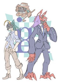 Rule 34 | 1girl, 2boys, bancholilimon, banchomamemon, banchostingmon, bug, digimon, flower, formal clothes, highres, multiple boys, red eyes