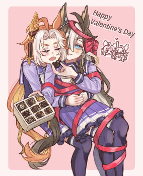 Rule 34 | 2girls, ahoge, animal ears, blue eyes, blush, bound, bow, bowtie, box, box of chocolates, brown hair, candy, chocolate, chocolate heart, closed eyes, closed mouth, commentary request, dream journey (umamusume), ear covers, eyewear strap, food, glasses, hair between eyes, happy valentine, heart, heart-shaped food, highres, holding, horse ears, horse girl, horse tail, hug, hug from behind, long hair, long sleeves, multicolored hair, multiple girls, open mouth, orange hair, orfevre (umamusume), pleated skirt, purple sailor collar, purple serafuku, purple shirt, purple skirt, purple thighhighs, red ribbon, ribbon, sailor collar, sailor shirt, school uniform, serafuku, shirt, single ear cover, skirt, smile, songdu, tail, thighhighs, tied up (nonsexual), tracen school uniform, two-tone hair, umamusume, white bow, white bowtie, white hair, yuri