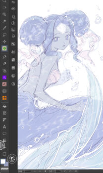 1girl android art_program_in_frame bikini blue_eyes blue_hair blue_tail bra bubble colored_skin double_bun fins fish_tail glitch_productions grey_skin hair_bun hair_intakes hair_ornament highres jellyfish_buns knights_of_guinevere looking_back mermaid monster_girl official_alternate_design pale_color pink_bra princess_guinevere shell shell_bikini shell_hair_ornament sketch splashing stariwei swimsuit tail underwear unfinished white_background