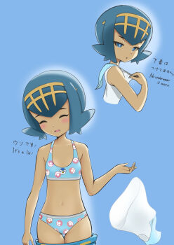 1girl before_and_after blue_background blue_bra blue_eyes blue_hair blue_panties blue_pants blue_sailor_collar blush bra character_print closed_eyes clothes_pull cowboy_shot english_text female_focus flat_chest gen_4_pokemon highres japanese_text lana_(pokemon) loli matching_hair/eyes matching_underwear microsd_(pibo) multiple_views navel nintendo no_sclera open_mouth panties pants pants_pull piplup poke_ball_print pokemon pokemon_sm sailor_collar shirt short_hair simple_background solo standing talking thigh_gap tiara underwear undressing unworn_shirt white_shirt