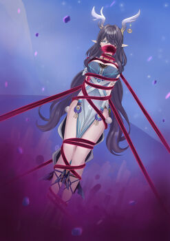 1girl absurdres antlers aqua_eyes arms_behind_back black_dress black_hair bound breasts cleavage commentary covered_mouth deer_antlers deer_girl dress earrings facing_viewer full_body furrowed_brow genshin_impact hair_over_one_eye highres horns jewelry large_breasts lauma_(genshin_impact) long_hair outdoors pointy_ears restrained signature single_earring solo standing vakaosciosa