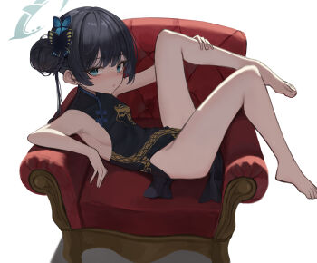 1girl absurdres armpits bare_legs barefoot black_butterfly black_dress black_hair blue_archive blue_butterfly blush braid braided_bun breasts bug butterfly butterfly_hair_ornament china_dress chinese_clothes closed_mouth couch double-parted_bangs dragon_print dress expressionless feet grey_eyes grey_halo hair_bun hair_ornament halo hand_on_own_leg highres insect kisaki_(blue_archive) knee_up leg_up loli long_hair looking_at_viewer lying no_panties on_back on_couch parm pelvic_curtain print_dress revealing_clothes short_dress side_slit sideboob sidelocks simple_background sitting sleeveless sleeveless_dress small_breasts solo thighs toenails toes turtleneck turtleneck_dress twintails white_background