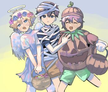 3boys alternate_costume angel_wings basil_(faraway)_(omori) basil_(omori) basket black_eyes black_hair black_shirt blonde_hair blue_eyes bright_pupils brown_hair brown_shorts closed_eyes commentary dark-skinned_male dark_skin double-parted_bangs english_commentary fake_halo fake_wings flower flower_wreath gloves green_shorts hair_between_eyes halloween_costume halo head_wreath holding holding_basket kel_(faraway)_(omori) kel_(omori) looking_at_viewer male_focus multiple_boys mummy_costume omore47858045 omori open_mouth parted_lips shirt short_sleeves shorts sidelocks sunny_(omori) sweatdrop v_arms white_gloves white_pupils wings