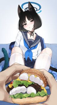 1girl absurdres animal_ear_fluff animal_ears black_hair black_skirt blue_archive blue_halo blue_neckerchief blue_sailor_collar blush breasts burger cat_ears cat_girl collarbone commentary feet feet_burger_(meme) feet_in_food food foot_focus foreshortening grey_background grey_eyes halo haori highres holding hyouta_(yoneya) japanese_clothes kikyou_(blue_archive) knees_up long_sleeves looking_at_viewer medium_hair meme neck_ribbon neckerchief no_shoes off_shoulder parted_bangs pleated_skirt pov ribbon sailor_collar sitting skirt small_breasts socks solo_focus sweatdrop tabi toe_seam toes white_socks