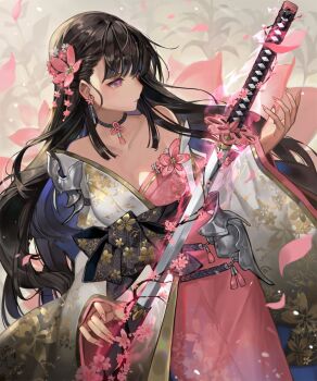 armor asymmetrical_bangs bare_shoulders black_choker blue_eyes blunt_bangs breasts bright_pupils brown_hair check_copyright cherry_blossoms choker cleavage collarbone colored_inner_hair commentary copyright_request delia_letter dress earrings english_commentary falling_petals faulds floral_print flower flower_earrings flower_knot grey_background hair_flower hair_ornament hand_to_weapon highres jacket japanese_clothes jewelry katana large_breasts light_particles long_hair long_sleeves looking_at_object multicolored_hair nail_polish neck_tassel object_floating_above_hand original petals pink_dress pink_eyes pink_flower pink_nails pink_pupils pink_ribbon purple_hair ribbon strapless strapless_dress sword tassel tsuba_(guard) very_long_hair weapon white_flower white_jacket wide_sleeves