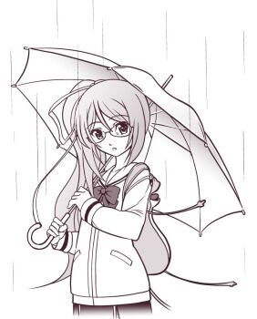 1girl animal_bag bow cardigan chaos;child chest_bow collarbone commentary_request eibon gero-froggy glasses greyscale hekiho_academy_school_uniform holding holding_umbrella long_hair long_sleeves looking_at_viewer monochrome one_side_up parted_lips rain ribbon round_eyewear sailor_collar school_uniform science_adventure solo umbrella white_ribbon white_sailor_collar yamazoe_uki