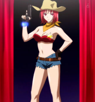 00s 1girl anime_screenshot badge bandana belt breasts cleavage cowboy_hat cowboy_western curtains female_focus fingerless_gloves gloves gun handgun hat kampfer midriff mishima_akane navel pistol red_hair sheriff_badge shorts solo stitched third-party_edit weapon
