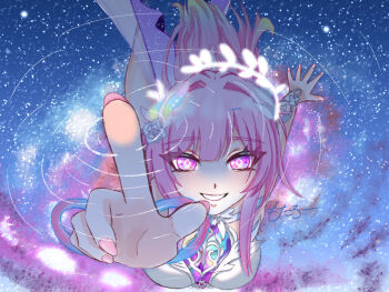 1girl breasts commentary cyrene_(honkai:_star_rail) cyrene_(ripples_of_past_reverie)_(honkai:_star_rail) diamond-shaped_pupils diamond_(shape) dress flower hair_flower hair_ornament highres honkai:_star_rail honkai_(series) large_breasts long_hair looking_at_viewer motaro22tarou pink_hair purple_eyes smile solo symbol-only_commentary symbol-shaped_pupils underwater very_long_hair white_dress