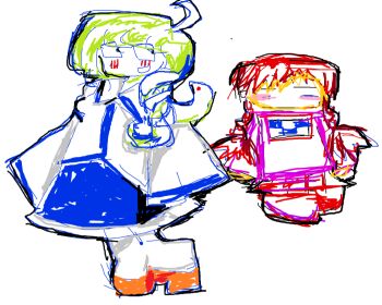 Rule 34 | 2girls, abstract, astrophileic, blue skirt, blush, brown hair, closed eyes, commentary, english commentary, green hair, kochiya sanae, madotsuki, multiple girls, short twintails, skirt, touhou, twintails, white background, yume nikki