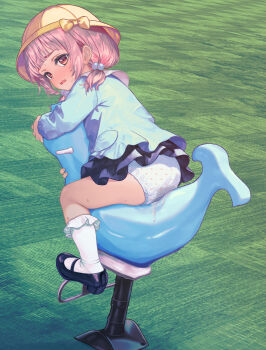 1girl ass black_shoes blue_shirt blue_skirt blush commentary_request crotch_rub from_behind hair_bobbles hair_ornament hanashima_m hat highres kindergarten_uniform loli looking_back masturbation miniskirt open_mouth original panties pink_eyes pink_hair pussy_juice school_hat shirt shoes short_hair sitting skirt smock socks solo stained_panties straddling thighs twintails underwear wet wet_clothes wet_panties white_panties white_socks yellow_hat