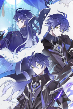 Rule 34 | 1boy, absurdres, bad source, black gloves, blue hair, bug, crystal, dino qiu, flins (genshin impact), genshin impact, gloves, highres, holding, holding crystal, long hair, long sleeves, looking at viewer, looking back, male focus, multicolored hair, multiple views, short hair, yellow eyes