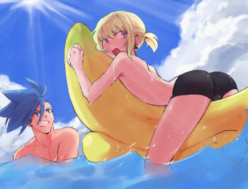 2boys afloat alternate_costume ass asymmetrical_hair aus_vaka banana_boat black_male_swimwear blonde_hair blue_eyes blue_hair blue_sky bulge cloud galo_thymos grin highres inflatable_raft inflatable_toy lio_fotia low_ponytail male_focus male_swimwear mohawk multiple_boys ocean on_banana open_mouth partially_submerged ponytail promare purple_eyes short_hair sidecut sky smile solo_focus thighs topless_male trap triangular_headpiece undercut