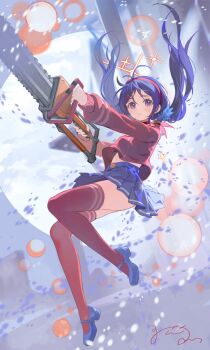 1girl ahoge blue_hair blue_skirt chainsaw chinese_commentary closed_mouth commentary_request crazy_mita_(miside) full_body hair_ornament hairband highres holding holding_weapon long_hair long_sleeves looking_at_viewer low_twintails miside mita_(miside) pleated_skirt purple_eyes red_shirt shirt shoes signature skirt smile solo thighhighs twintails weapon youmeng33 zettai_ryouiki