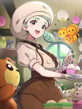 1girl :d absurdres apron artist_name ascot blurry blurry_foreground blush_stickers breasts brown_apron brown_ascot brown_eyes brown_skirt buttons ceiling chef_hat combee commentary_request cupcake fidough food gen_2_pokemon gen_4_pokemon gloves gonzarez green_hair hat highres holding igglybuff indoors katy_(pokemon) large_breasts looking_down low_side_ponytail mole mole_on_cheek nintendo nymble open_mouth pokemon pokemon_(creature) pokemon_sv puffy_short_sleeves puffy_sleeves shirt short_sleeves side_ponytail skirt smile smoliv spider_web_print tarountula teddiursa teeth underbust upper_teeth_only waist_apron