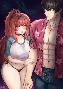 1boy 1girl @_@ alternate_costume bikini bikini_under_clothes black_hair breasts brown_eyes commander_(nikke) goddess_of_victory:_nikke hair_ornament hairband hawaiian_shirt highres hoshiberuu large_breasts long_hair ponytail rapi_(nikke) rapi_(red_hood)_(nikke) rapi_(red_hood)_(red_flavor)_(nikke) red_eyes red_hair scared shirt short_hair shorts swimsuit tears thong trembling very_long_hair wavy_mouth