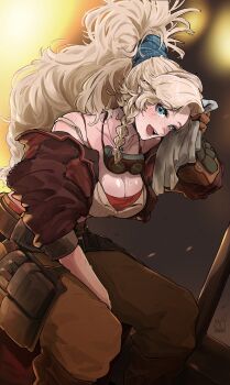 1girl absurdres cropped_jacket fluffy_hair freckles gemma_(monster_hunter_wilds) goggles goggles_around_neck green_scrunchie hair_ornament hair_scrunchie handkerchief highres jacket leather leather_belt leather_jacket long_hair monster_hunter_(series) monster_hunter_wilds rangut scrunchie sitting solo sweat toned toned_female tools