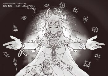 Rule 34 | 1girl, breasts, commentary, commission, coreflame (honkai: star rail), cyrene (honkai: star rail), cyrene (ripples of past reverie) (honkai: star rail), dress, english commentary, eulyin huan, greyscale, hair focus, halo, honkai: star rail, honkai (series), large breasts, long hair, monochrome, smile, solo, very long hair