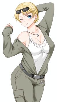 1girl ;) absurdres alternate_costume arm_behind_head arm_up belt black_belt blue_eyes blush braid braided_bun breasts cleavage closed_mouth cowboy_shot darjeeling_(girls_und_panzer) eyewear_on_head girls_und_panzer gomi_ningen_(81848656) hair_bun highres jewelry jumpsuit long_sleeves looking_at_viewer medium_breasts necklace off_shoulder one_eye_closed open_clothes pants shirt short_hair simple_background sleeves_past_wrists smile solo standing sunglasses white_background white_shirt