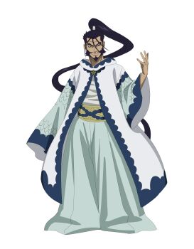 Rule 34 | 1boy, absurdres, baggy pants, black clover, black clover m: rise of the wizard king, black hair, blue eyes, gio (black clover), grey pants, high ponytail, highres, long hair, looking at viewer, non-web source, official art, open clothes, open robe, pants, ponytail, robe, shirt, solo, white robe, white shirt