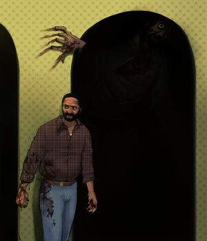 2boys absurdres backrooms_(2026_film) backrooms_(creepypasta) black_beard black_eyes black_hair blood blood_on_clothes blood_on_hand blue_pants brown_shirt clark_(backrooms) commentary cowboy_shot dark-skinned_male dark_skin door english_commentary facial_hair highres horror_(theme) looking_at_viewer looking_to_the_side monster multiple_boys pants pirate_clark ren_(notzenren) shirt shirt_tucked_in short_hair wallpaper_(object)