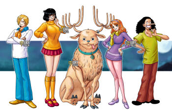 2girls 3boys :p antlers black_footwear black_hair blonde_hair breasts brown_pants collar collared_shirt cosplay crossed_arms daphne_blake daphne_blake_(cosplay) fred_jones fred_jones_(cosplay) glasses green_scarf green_shirt hair_over_one_eye hairband hand_on_own_hip hands_on_own_hips high_heels highres horns iury_padilha kneehighs large_breasts long_hair long_sleeves looking_at_viewer miniskirt multiple_boys multiple_girls nami_(one_piece) nico_robin one_piece orange_hair orange_scarf orange_socks orange_sweater pants pantyhose pink_pantyhose purple_footwear purple_hairband purple_shirt red_footwear red_skirt reindeer reindeer_antlers sanji_(one_piece) scarf scooby-doo scooby-doo_(character) scooby-doo_(character)_(cosplay) shaggy_rogers shaggy_rogers_(cosplay) shirt shoes short_hair sitting skirt smile socks standing sweater teeth tongue tongue_out tony_tony_chopper turtleneck turtleneck_sweater usopp velma_dinkley velma_dinkley_(cosplay) white_shirt