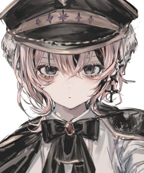 1boy black_bow black_cape black_eyes black_hat black_streaks bow cape character_request closed_mouth commentary_request copyright_request cross cross_earrings crossed_bangs ear_piercing earrings freckles gem hair_between_eyes hat highres jewelry looking_at_viewer male_focus multicolored_hair okubatomaeba peaked_cap piercing pink_hair portrait red_gemstone shirt short_hair simple_background solo straight-on streaked_hair white_background white_shirt