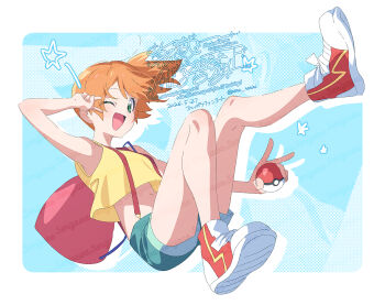 1girl ;d asymmetrical_hair bag bare_arms blush crop_top eyelashes green_eyes green_shorts hand_up holding holding_poke_ball knees leg_up looking_at_viewer midriff misty_(pokemon) navel nintendo one_eye_closed open_mouth orange_hair poke_ball poke_ball_(basic) pokemon pokemon_(anime) pokemon_(classic_anime) pokemon_rgbt ponytail red_bag serizawa_serizane shirt shoes short_hair short_shorts shorts side_ponytail sleeveless sleeveless_shirt smile sneakers solo star_(symbol) suspenders tank_top tongue v w wink yellow_shirt yellow_tank_top