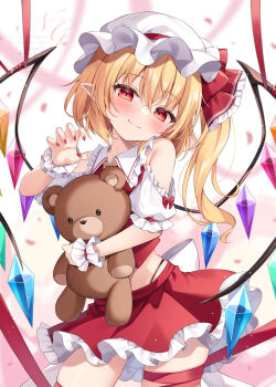 1girl ascot blonde_hair bow claw_pose closed_mouth clothing_cutout collared_shirt commentary cowboy_shot crystal english_commentary fang fang_out fingernails flandre_scarlet frilled_shirt_collar frilled_skirt frills hat hat_bow hat_ribbon highres leg_ribbon long_hair looking_at_viewer miy@ mob_cap panty_straps pointy_ears puffy_short_sleeves puffy_sleeves red_bow red_eyes red_nails red_ribbon red_skirt red_vest ribbon sharp_fingernails shirt short_sleeves shoulder_cutout skirt solo stuffed_animal stuffed_toy teddy_bear touhou vest watermark white_hat white_shirt wings wrist_cuffs yellow_ascot