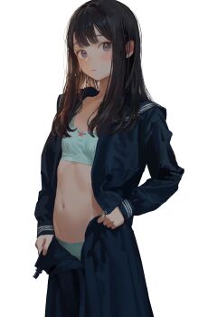 1girl absurdres akipeko aqua_bra aqua_panties black_hair black_serafuku blush bow bow_bra bra commentary_request highres long_hair long_sleeves looking_at_viewer navel open_clothes open_shirt open_skirt original panties school_uniform serafuku simple_background skirt solo stomach straight_hair transparent_background underwear
