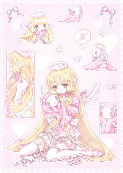 1girl :< absurdres angel_wings animal atashi_(chobits) back_bow blonde_hair blunt_bangs bow brown_eyes chibi chii chobits closed_mouth dot_mouth dress expressionless fake_halo fake_wings frilled_sleeves frills from_behind full_body fur_halo garter_straps hair_bow halo heart heart_background highres holding holding_animal humanoid_robot juliet_sleeves long_hair long_sleeves low_twintails mary_janes miniskirt mipi_(u3u_00) multiple_hair_bows multiple_views outline parted_lips persocom pink_background pink_bow pink_dress pink_ribbon pink_shoes polka_dot polka_dot_background puffy_sleeves ribbon robot robot_ears shoes sitting skirt speech_bubble star_(symbol) straight_hair thighhighs thought_bubble twintails very_long_hair wariza white_bow white_halo white_outline white_skirt white_thighhighs wings yellow_halo |_|