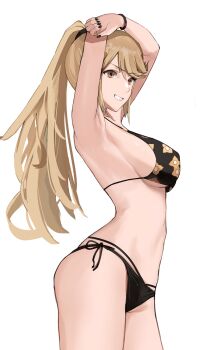1girl alternate_hairstyle armpits arms_up bikini black_bikini black_nails blonde_hair breasts cosplay cowboy_shot female_focus floral_print from_side grin highres j@ck kitagawa_marin kitagawa_marin_(cosplay) large_breasts long_hair matching_hair/eyes multi-strapped_bikini multi-strapped_bikini_bottom mythra_(xenoblade) nail_polish ponytail print_bikini side-tie_bikini_bottom sideboob simple_background smile solo sono_bisque_doll_wa_koi_wo_suru swimsuit white_background xenoblade_chronicles_(series) xenoblade_chronicles_2 yellow_eyes
