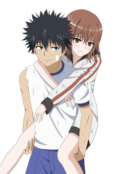 Rule 34 | 1boy, 1girl, bandaid, bandaid on face, black hair, blush, brown eyes, brown hair, carrying, dirty, dirty clothes, highres, jacket, kamijou touma, legs, medium hair, misaka mikoto, piggyback, pointy hair, shirt, shorts, smile, sports uniform, sportswear, thighs, toaru kagaku no railgun, toaru majutsu no index, torn clothes, torn shirt