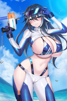 1girl absurdres beach bikini black_hair blue_eyes bodysuit borrowed_character breasts closed_mouth collared_shrug cowboy_shot day diving_mask diving_suit goggles highres holding kutan large_breasts long_hair looking_at_viewer nagika_umino_(ibis1) navel ocean original revealing_clothes scuba_gear short_hair_with_long_locks shrug_(clothing) solo swimsuit water_gun wet wetsuit white_shrug