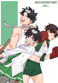1boy 2girls ahoge bandage_on_face bandages black_hair bokken boxing_gloves brute_(ppg) butch_(ppg) buttercup_(ppg) chain chain_necklace clenched_hands collared_shirt crop_top dress_shirt earrings english_text face_piercing green_eyes green_jacket green_pants green_shorts green_skirt green_tie grey_pants highres holding holding_lead_pipe jacket jewelry lead_pipe lip_piercing lip_ring looking_at_viewer messy_hair midriff multiple_girls muscular navel necklace necktie pants piercing pleated_skirt popotpat powerpuff_girls school_uniform shirt short_hair shorts side_eye simple_background skirt smile smug spiked_hair sportswear striped_clothes striped_pants striped_shorts sword tank_top teeth toned toned_female track_pants upper_teeth_only vertical-striped_clothes vertical-striped_pants vertical-striped_shorts weapon white_shirt white_tank_top wooden_sword